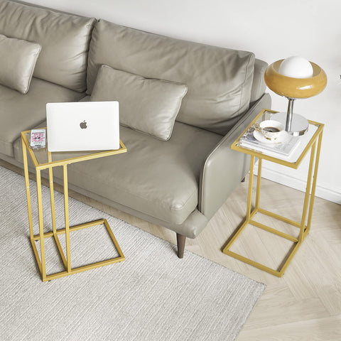 YMYNY C Shaped End Table, Tempered Glass Snack Side Table for Small Space with Metal Frame, Narrow Couch Table, for Living Room, Bedroom
