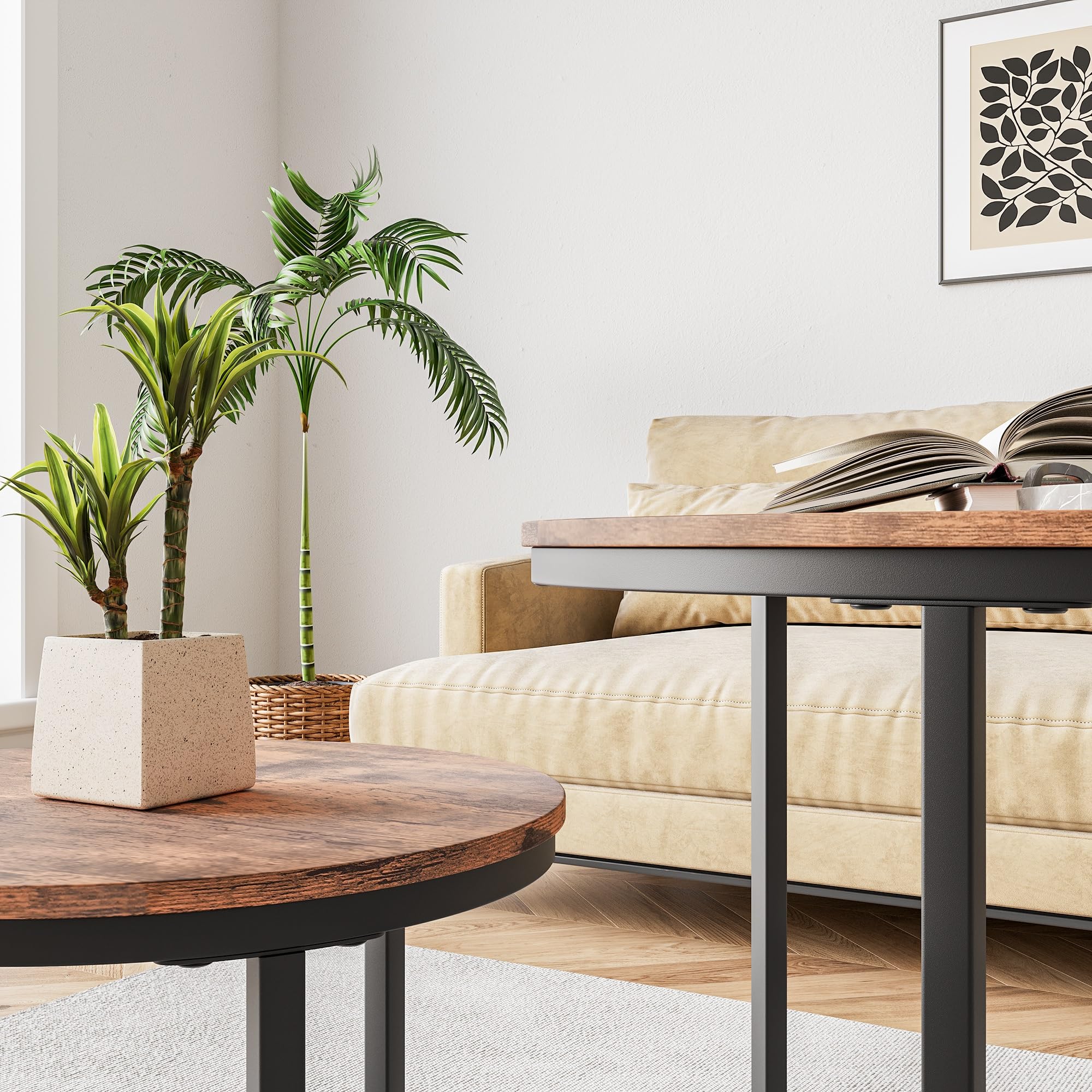 HOJINLINERO Small Round Nesting Coffee Table Set of 2 with Metal Frame and Wood Top, Modern Stacking Side Table for Living Room, Bedroom, Office