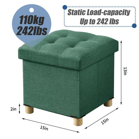 BRIAN & DANY Folding Ottoman Storage Box with Wood Legs, Linen Foot Stool, Footstool with Storage, Highly Elastic Sponge Filling, Dark Green