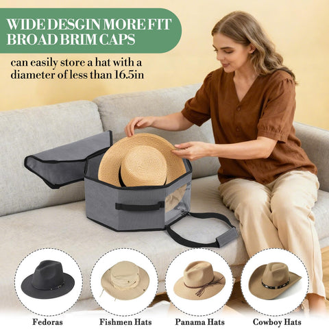GarveeMore 3 Pack Hat Box for Travel Cowboy Hat Travel Case Carrier Bag with Shoulder Strap, 42x42x19cm Collapsible Cap Case with Cardboard