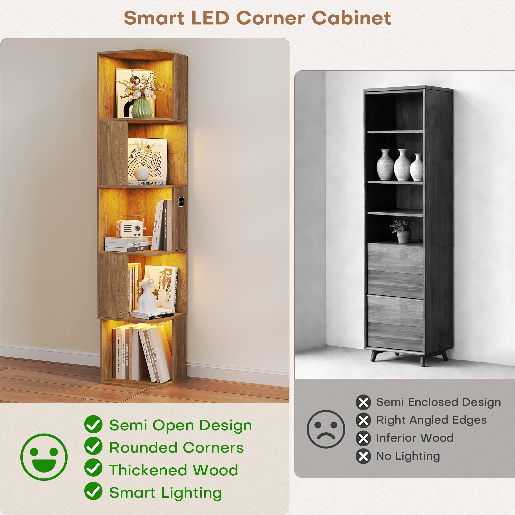 64.8 " Corner Wood Bookcase with Body Sensor LED for Home Office,Natural