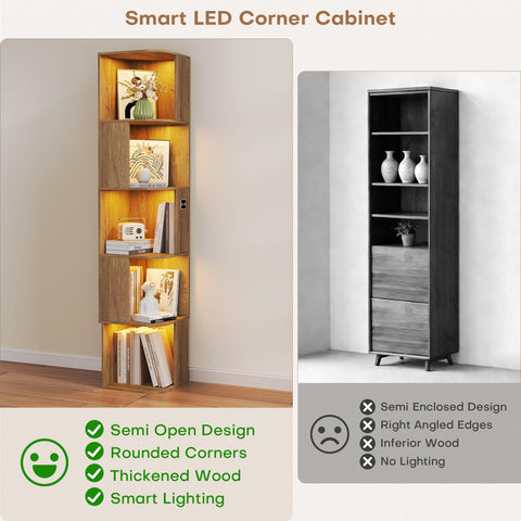 64.8 " Corner Wood Bookcase with Body Sensor LED for Home Office,Natural