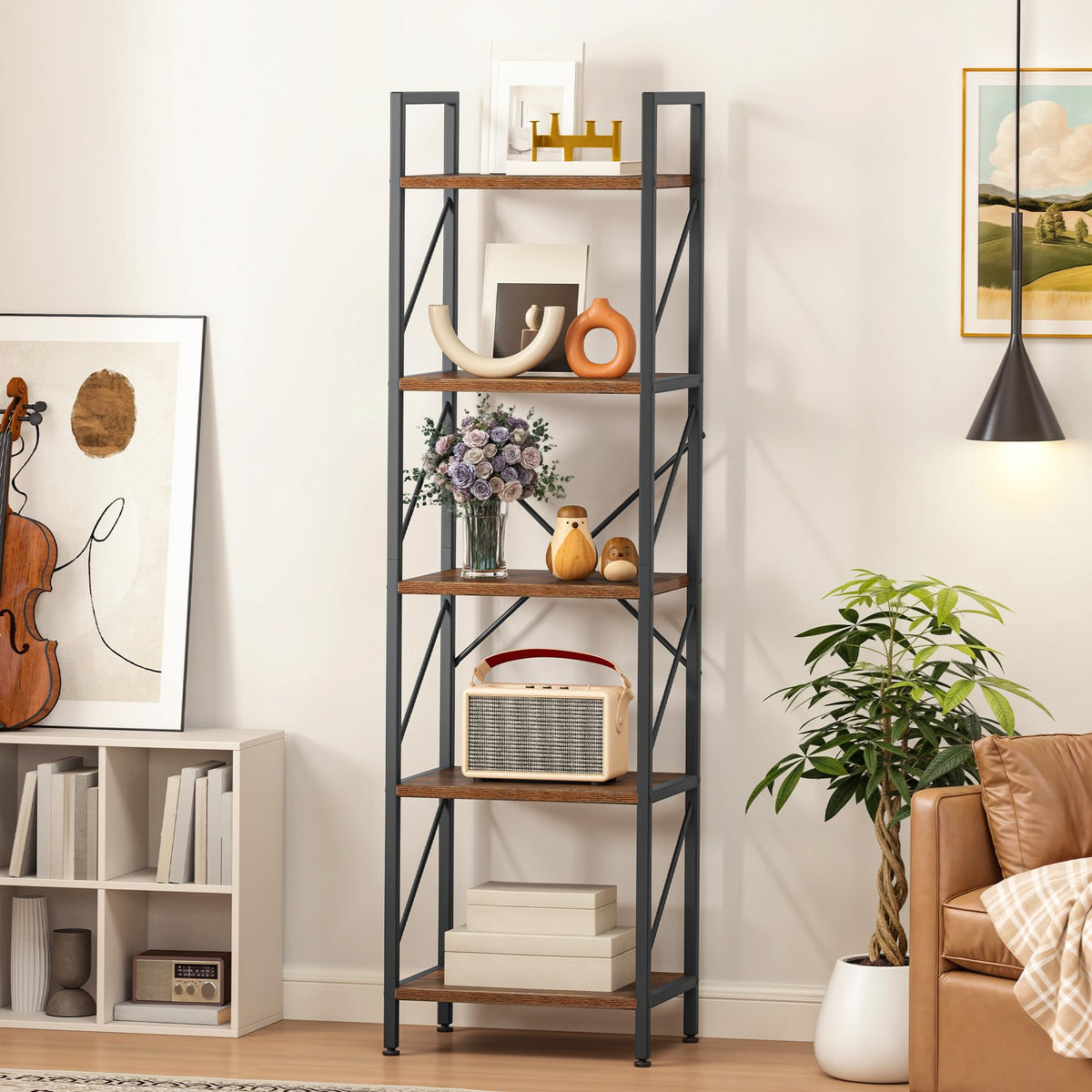 YITAHOME Bookcase, 5 Tier Industrial Shelving Unit, Wooden Shelves and Metal Frame, Display Storage Rack for Living Room, Home Office, Kitchen