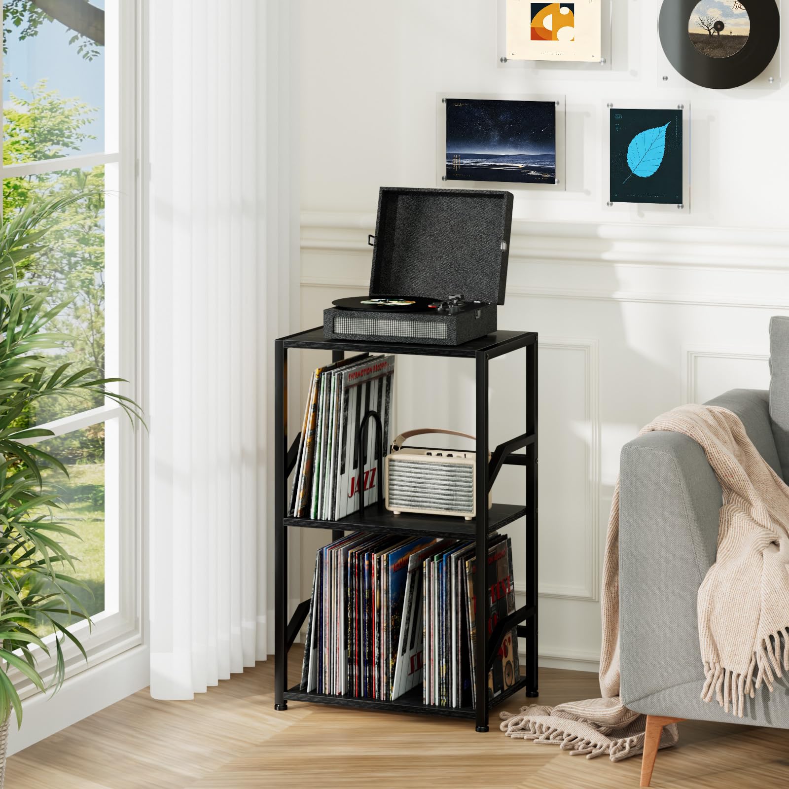 LOAKEKEL Record Player Stand, Vinyl Record Storage Hold Up to 200 Albums