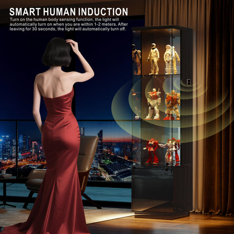 4-Tier LED Glass Display Cabinets with Human Body Sensor for Living Room