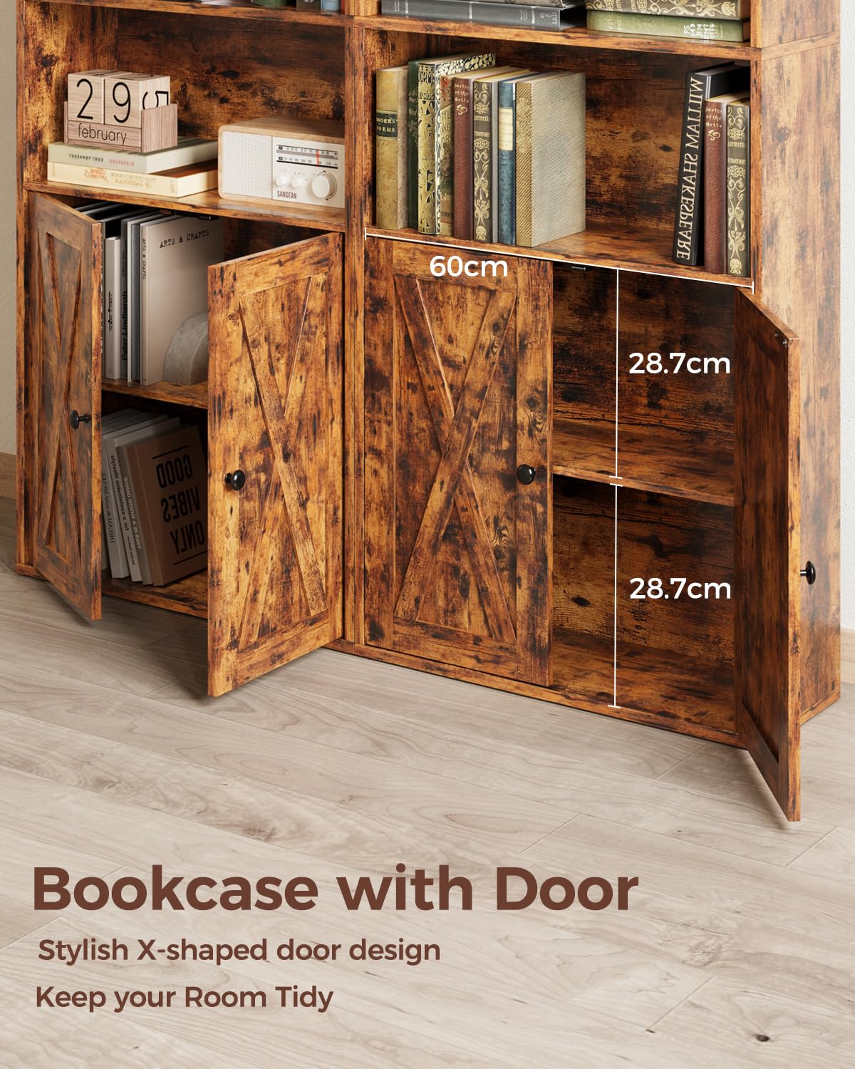 IRONCK Bookcase 6-Tier, Bookshelf with Doors, 180cm Tall Living Room Bookcases, Display Shelf Storage, Freestanding Book Shelf Unit for Home Office