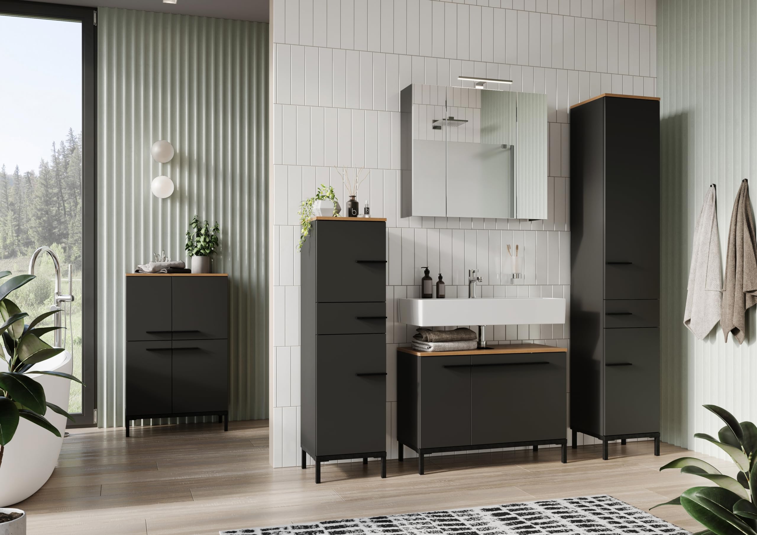 Germania Cabinet 2646-549 GW-YONKERS, in graphite/Navarra oak repro, with soft-close doors, 34 x 190 x 34 cm (WxHxD)