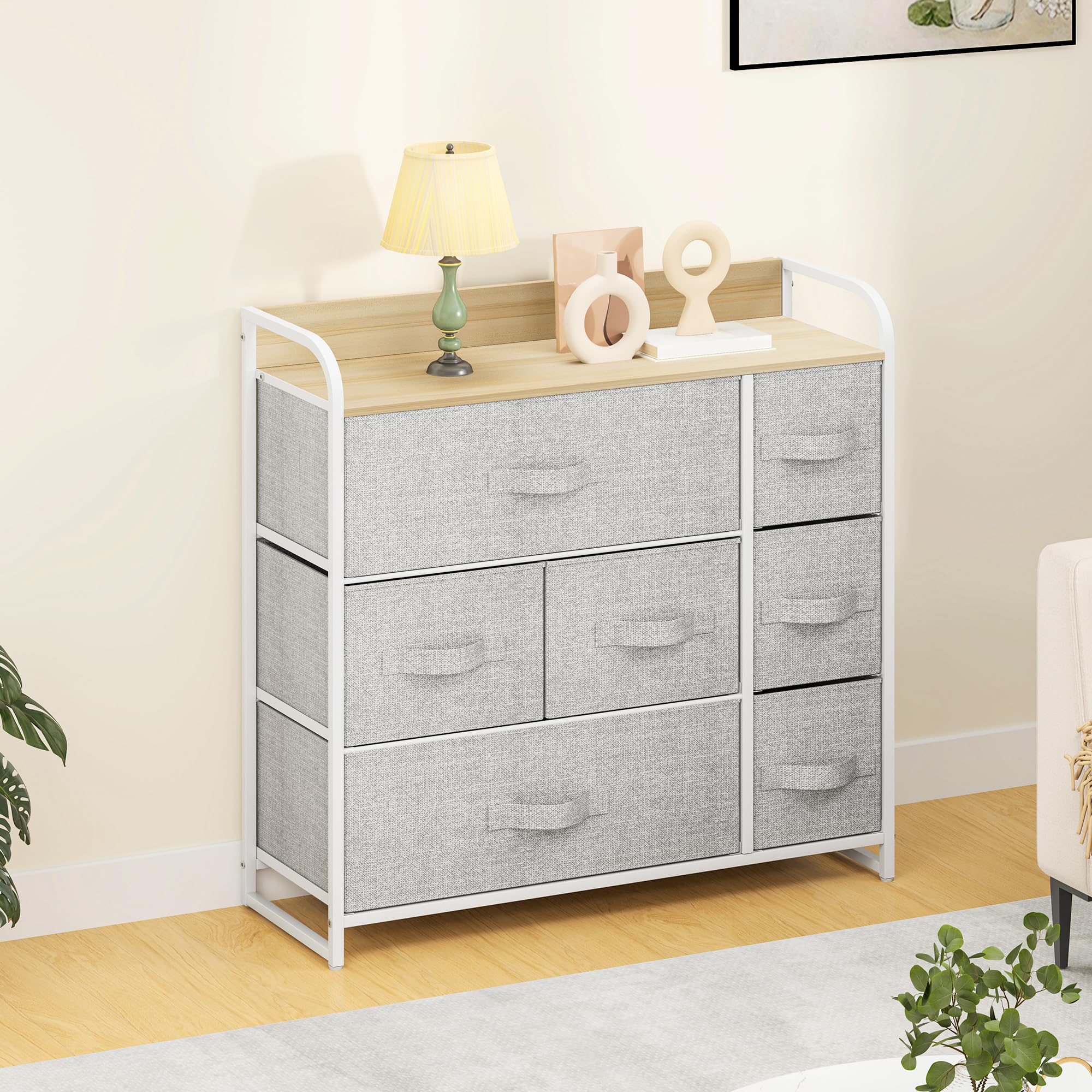 DWVO Chest of Drawers,Fabric Chest of Drawers Bedroom Cabinet with 7 Drawers,Dresser for Bedroom,Living Room With Handles,Wood Top and Sturdy Steel