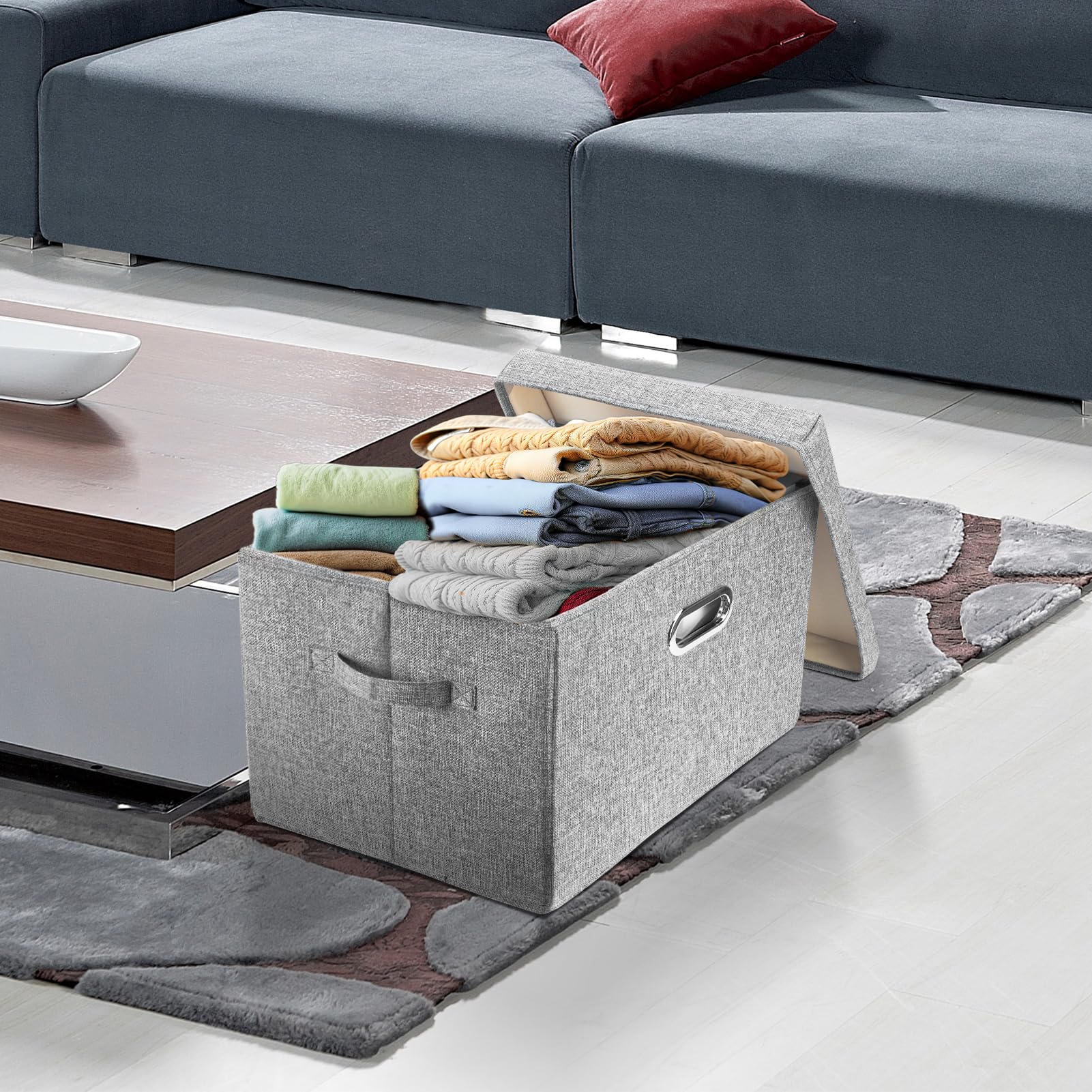 TYEERS Large Storage Box with Lid, Collapsible, Washable, Fabric Storage Box for Clothes, Wardrobe Storage, 44x30x29 cm, Set of 5, Grey