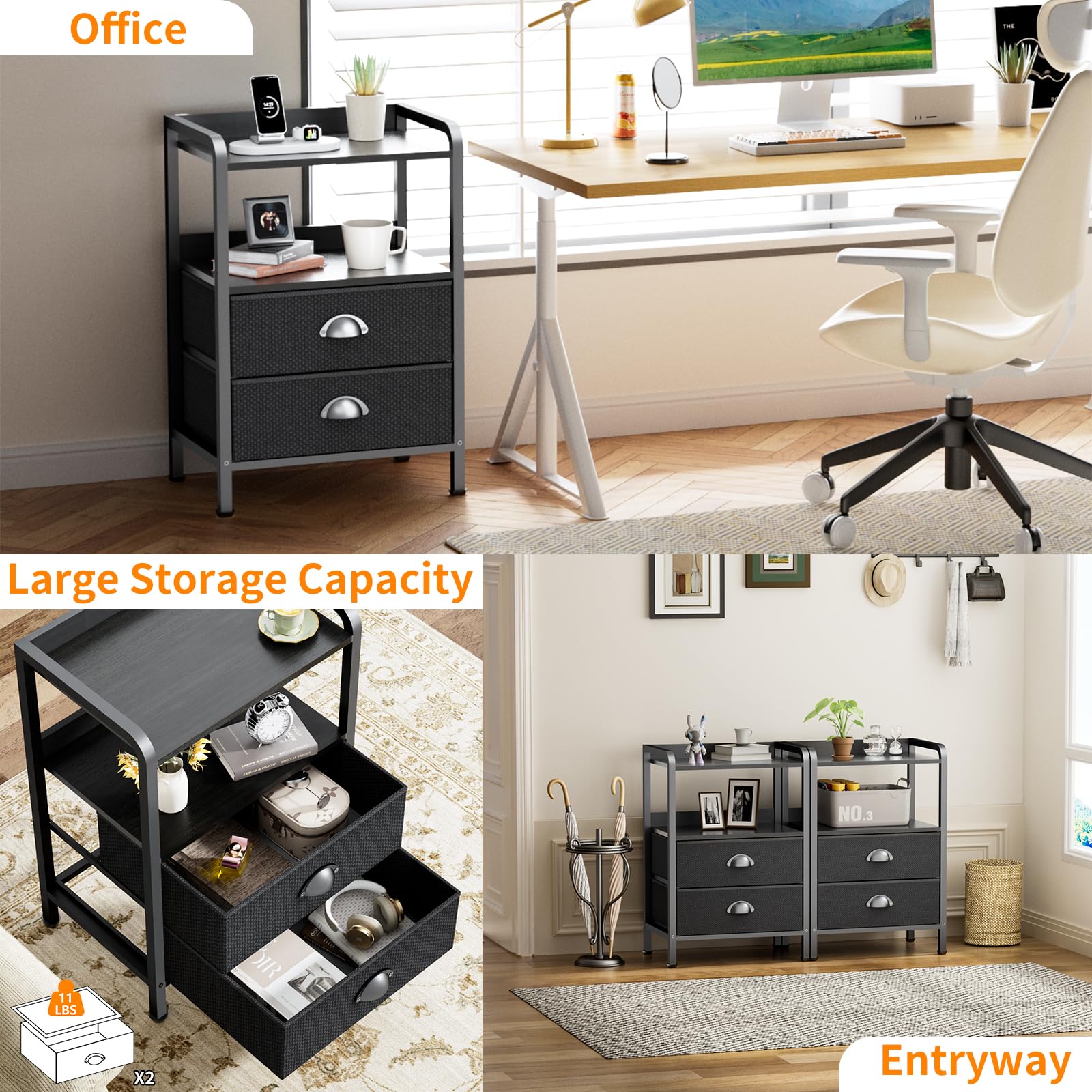 Bedside Table Chest of Drawers Bed Side Table Bedsides Tables Cabinet Nightstand with 2 Fabric Drawer Night Stand Shelf for Bedroom Living Room Small