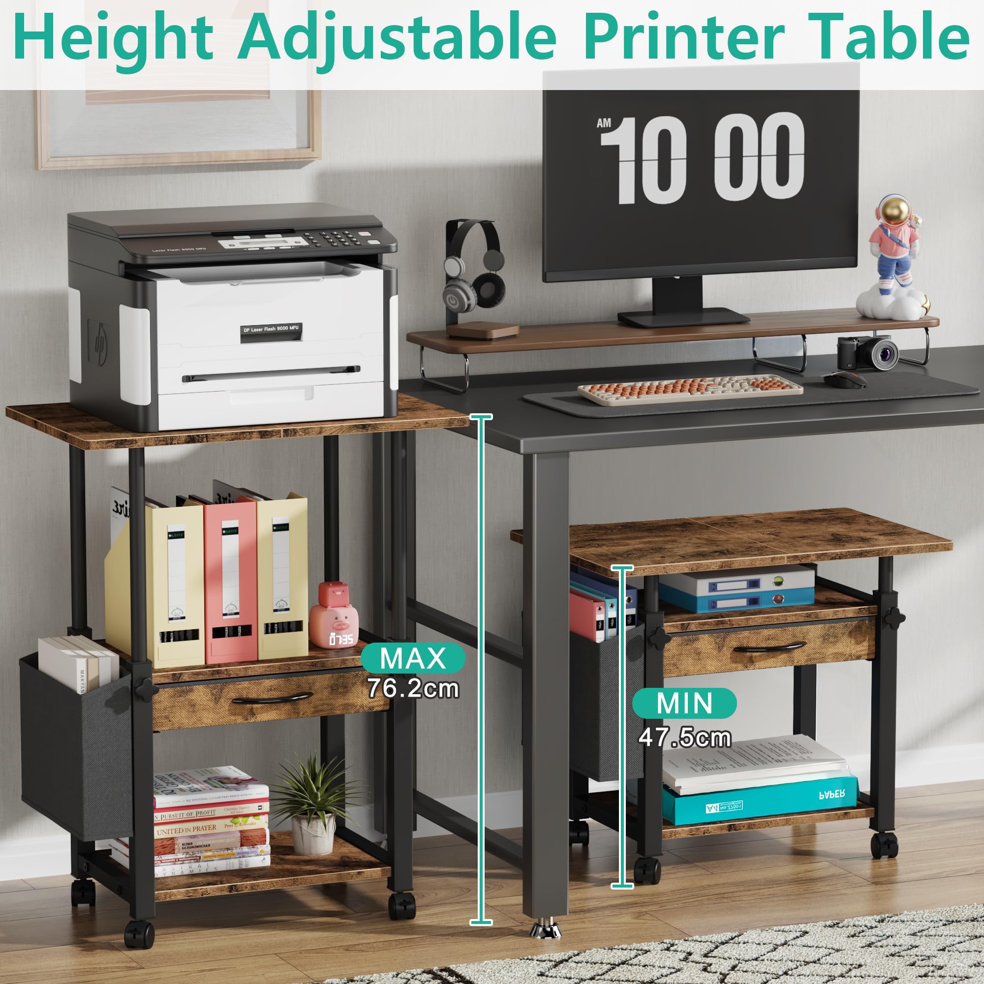 OYRREU 3 Tier Printer Stand on Wheels, Height Adjustable Mobile Table Wood