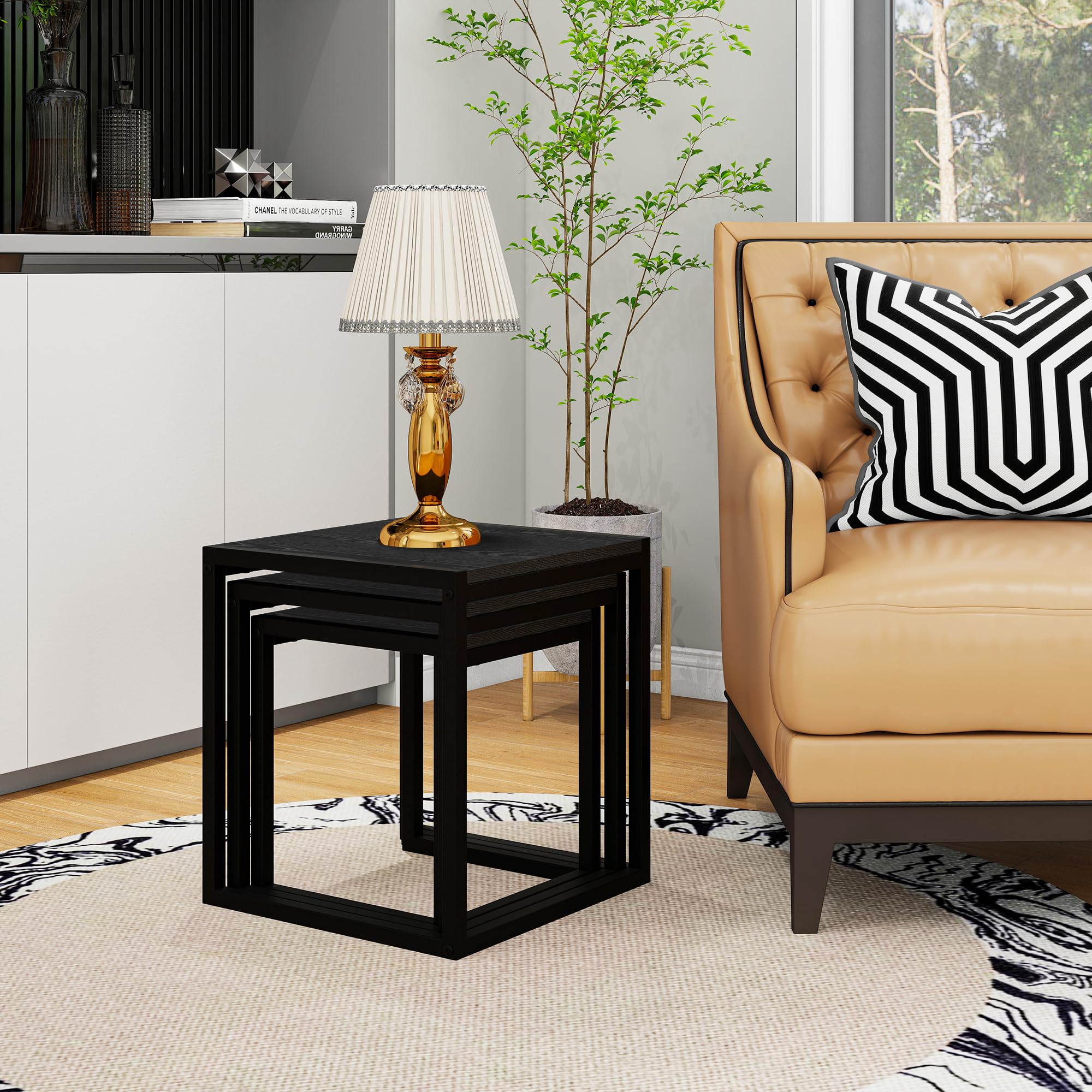 HAHRIR Nesting Coffee Table Set of 3, Stacking Metal Side Tables, Black