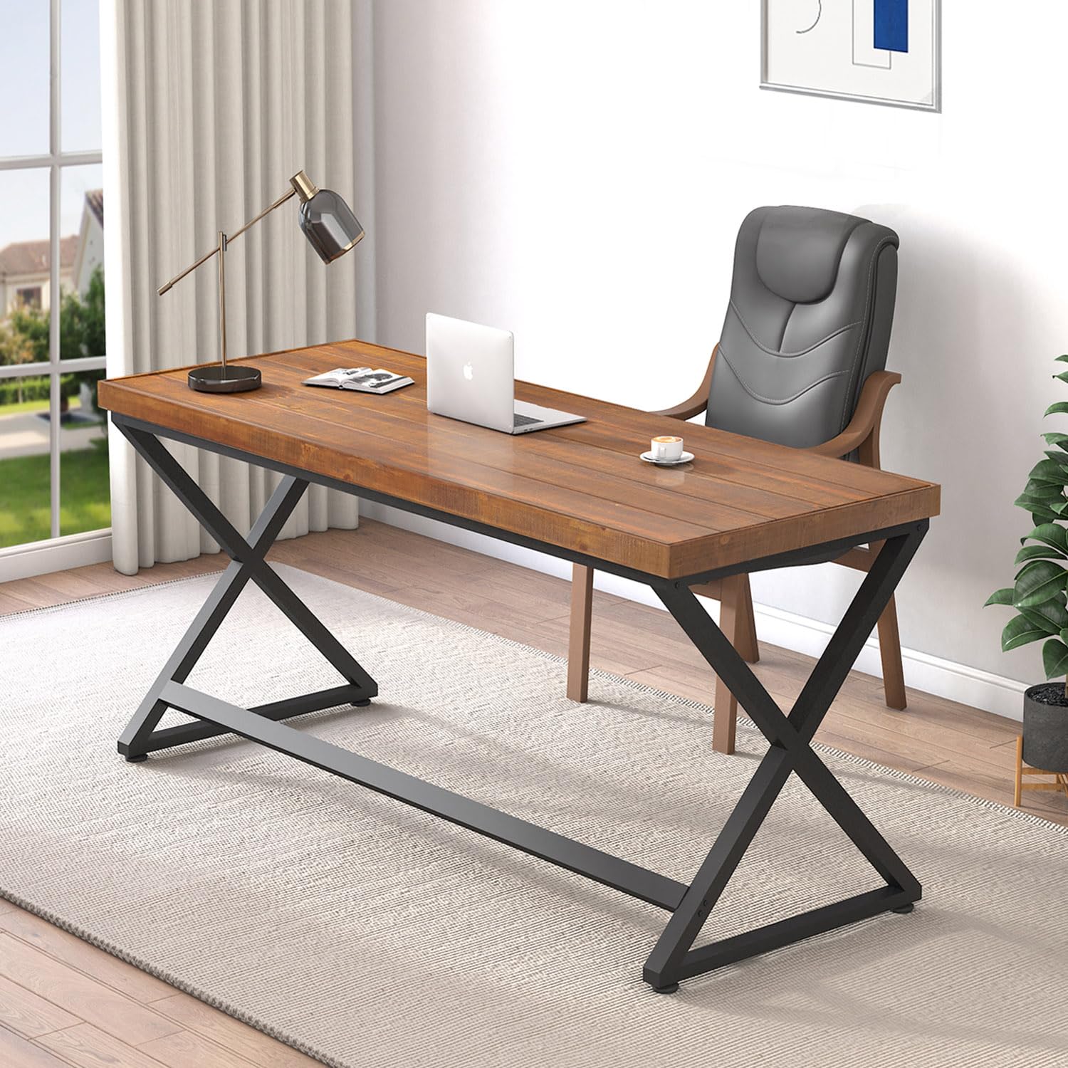 IBF Real Wood Computer Desk, Rustic Solid Wood Home Office Work Desk, Farmhouse WritingDesk for Study