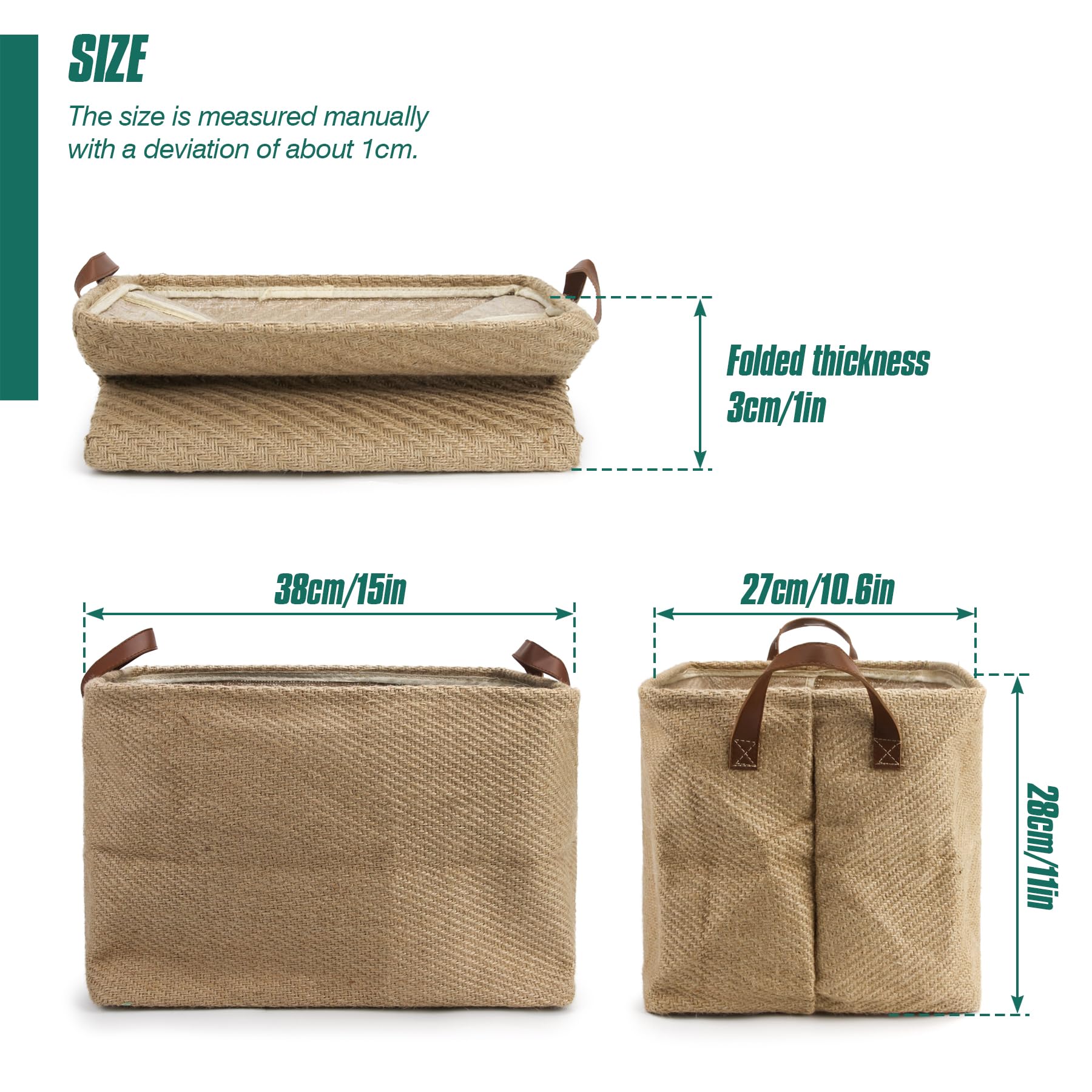 Spesh Jute Storage Basket with Handles, 38 * 27 * 28cm Collapsible Natural Woven Organiser Box Square Jute Storage Bin for Shelves Bathroom