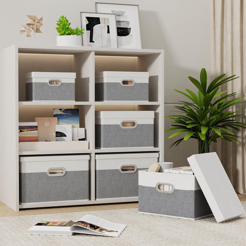 Yawinhe Storage Bins with Lids and Handles 2 Pack,38x25x25cm,White/Grey