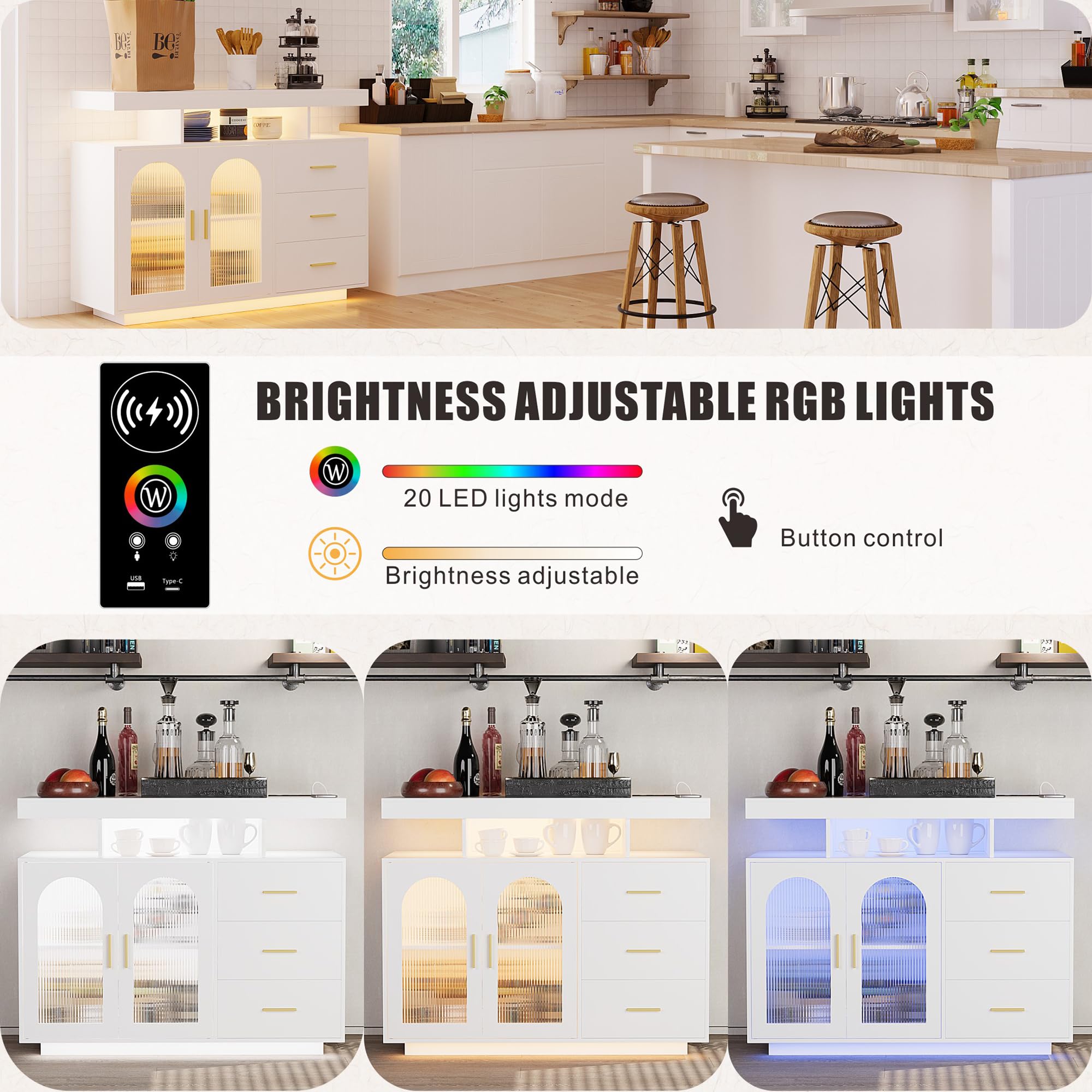 FREDEES Sideboard Buffet Cabinet with 3 Drawers and LED Lights, White