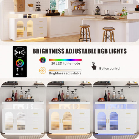FREDEES Sideboard Buffet Cabinet with 3 Drawers and LED Lights, White