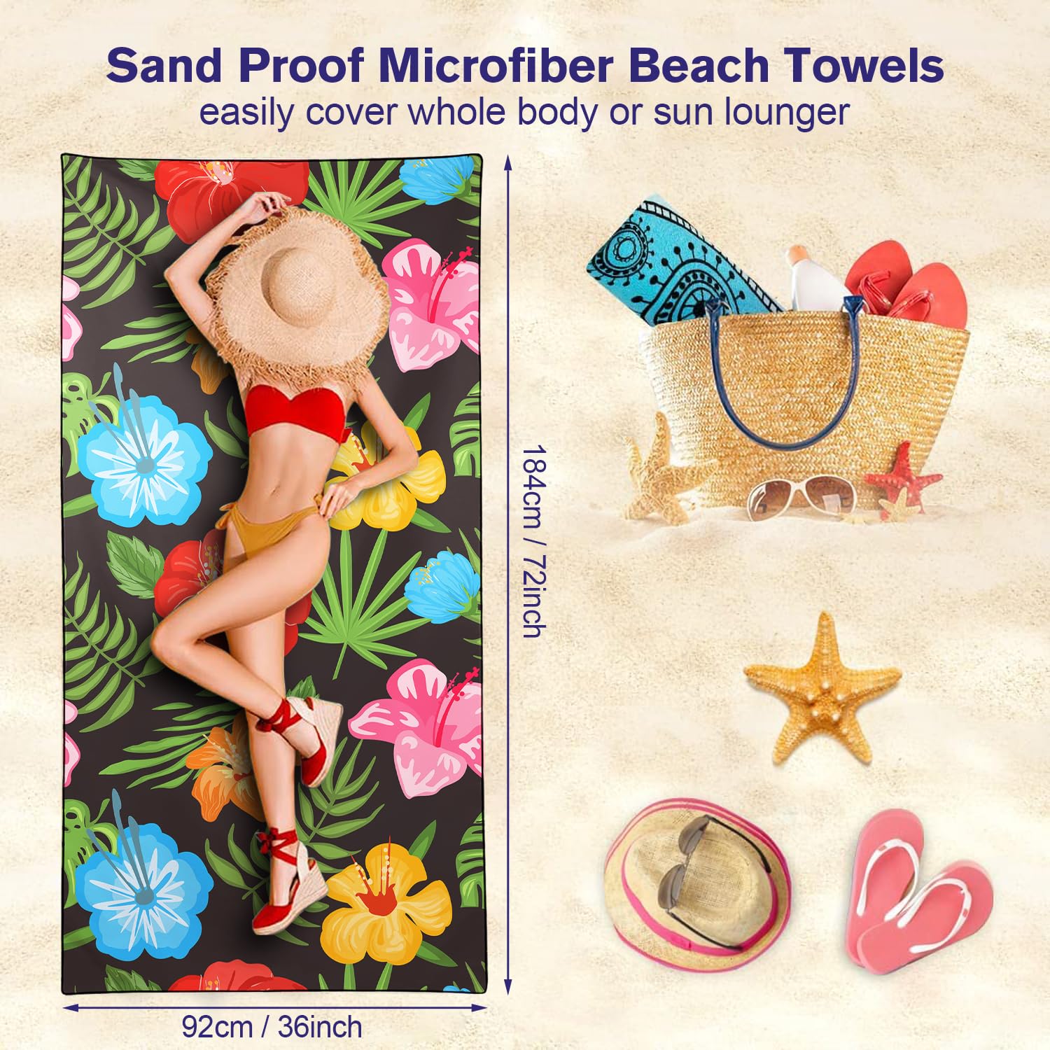 Violetpos Multi-Colour Hibiscus & Palm Leaf Beach Towel, Extra Large 180x90 cm 250GSM Microfibre, Sand Free Quick Dry