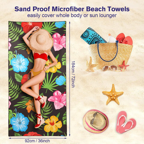 Violetpos Multi-Colour Hibiscus & Palm Leaf Beach Towel, Extra Large 180x90 cm 250GSM Microfibre, Sand Free Quick Dry