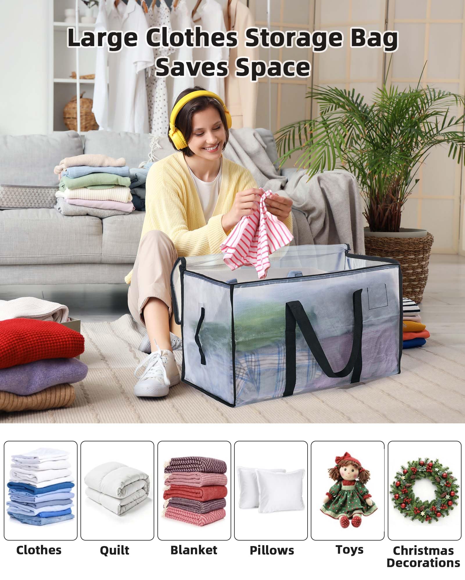 JOJOSEE Clear Clothes Storage Bags, 91L Large Moving Bag (Clear, 4 Pack)