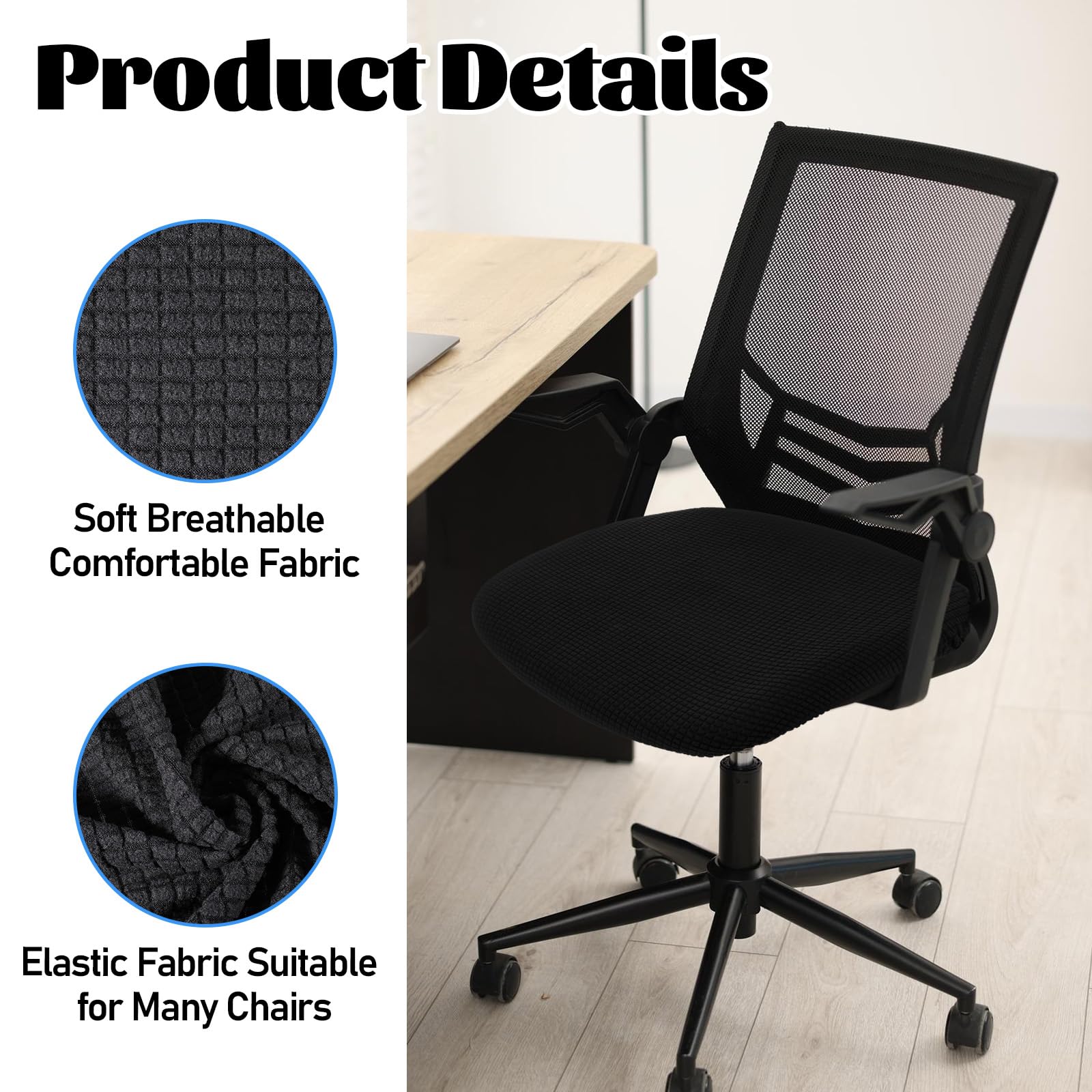 Exircy Office Chair Seat Cover, Stretchable Removable Washable Desk Chair Cover Black Elastic Chairs Seat Slipcovers with Tie Straps 17.7"-21.7"