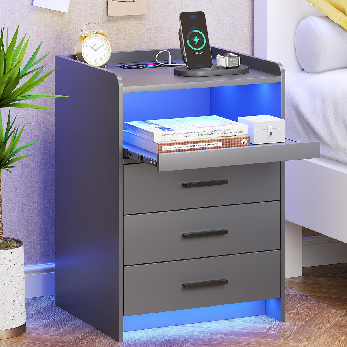 FREDEES Bedside Table with Charging Station and LED Lights, Grey