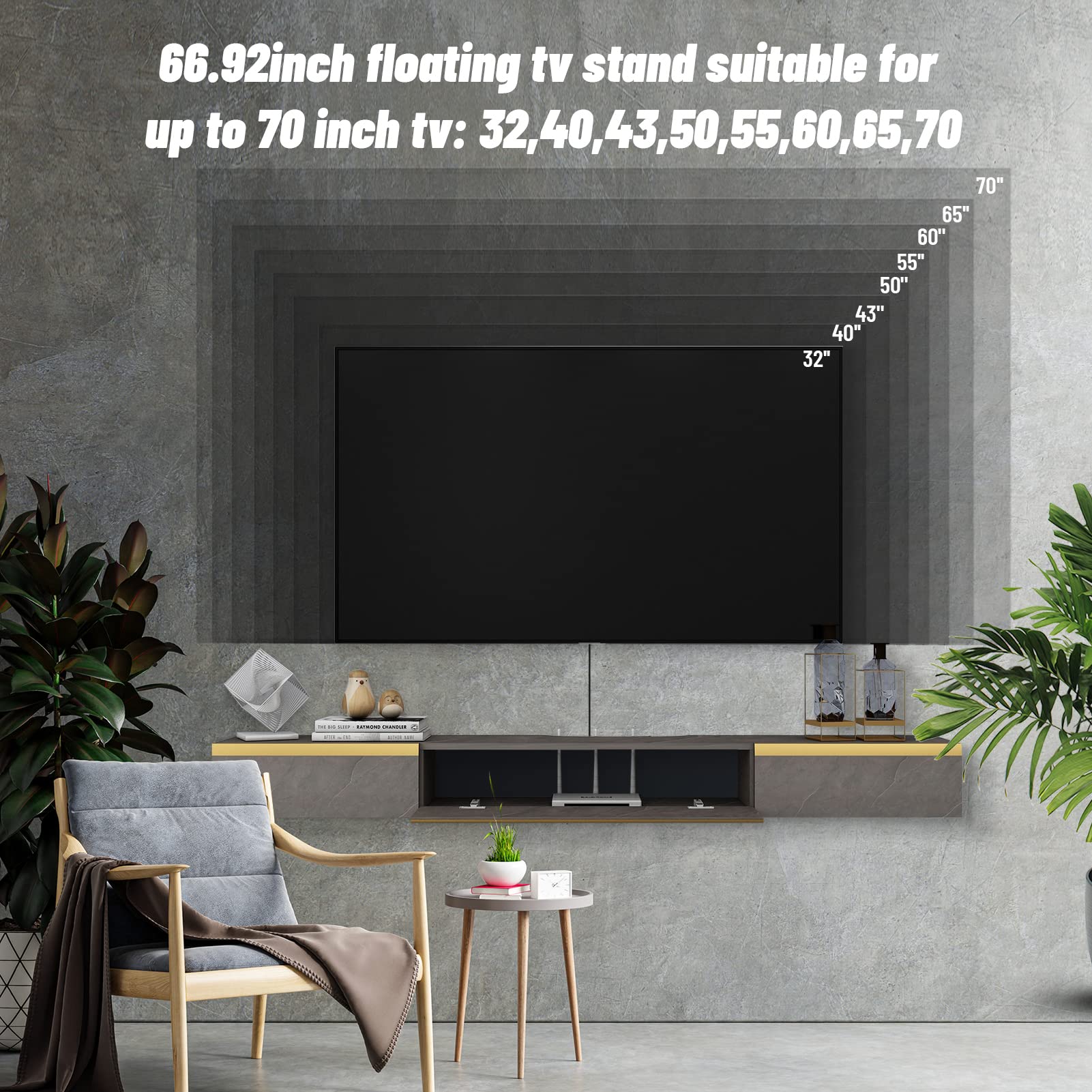 Pmnianhua Floating TV Stand, Wall Mounted TV Cabinet, Floating Shelves with 2 Drawers and 1 Door