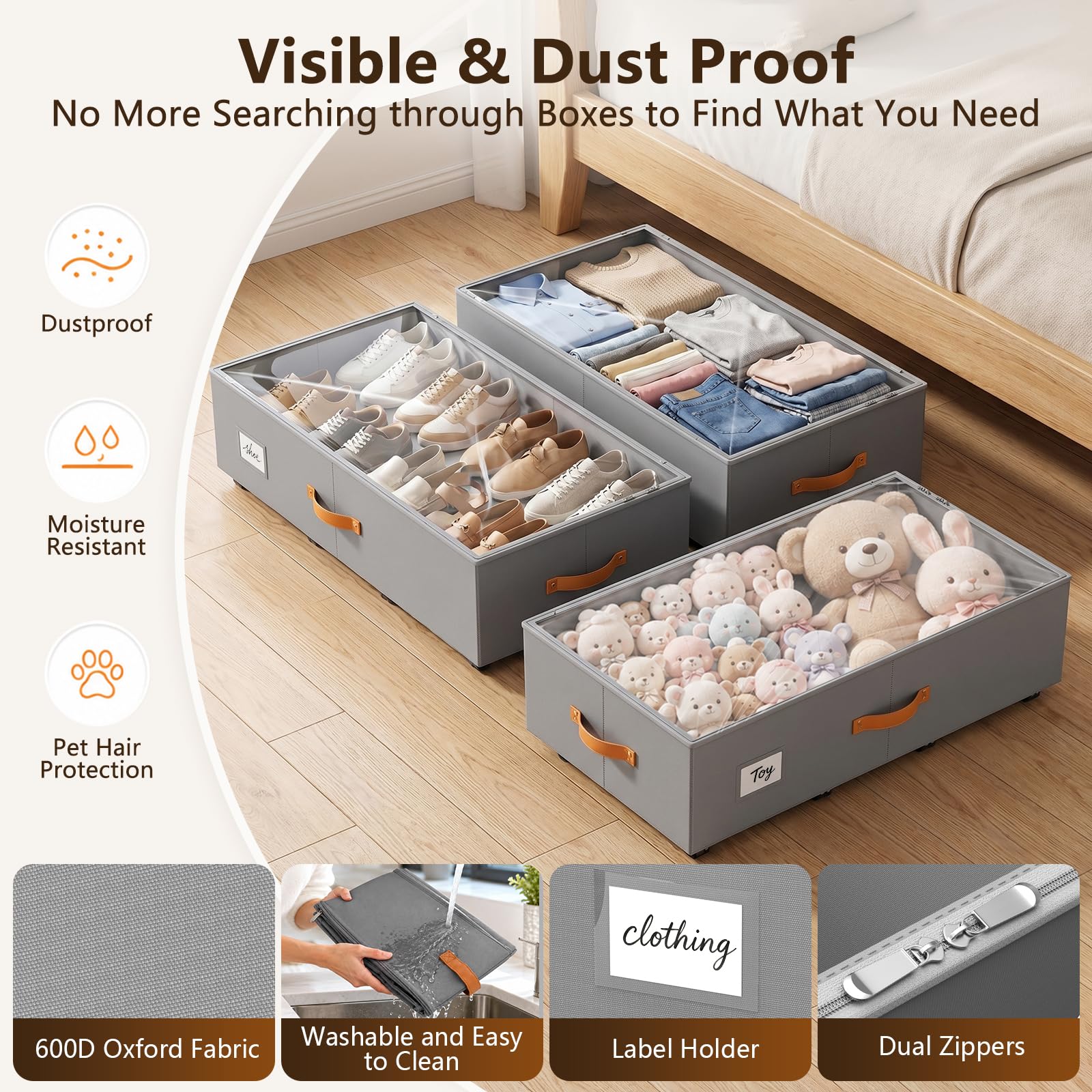 2 Pack 65L Under Bed Storage Box with Lid & Wheels,84cm Long Rolling Underbed Storage Bins,Heavy Duty Foldable Under Bed Storage on Wheels with