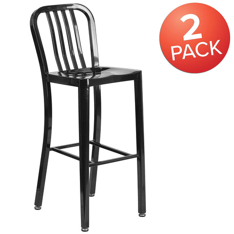 Flash Furniture Commercial Grade 2 Pack 30" High Black Metal Indoor-Outdoor Barstool with Vertical Slat Back
