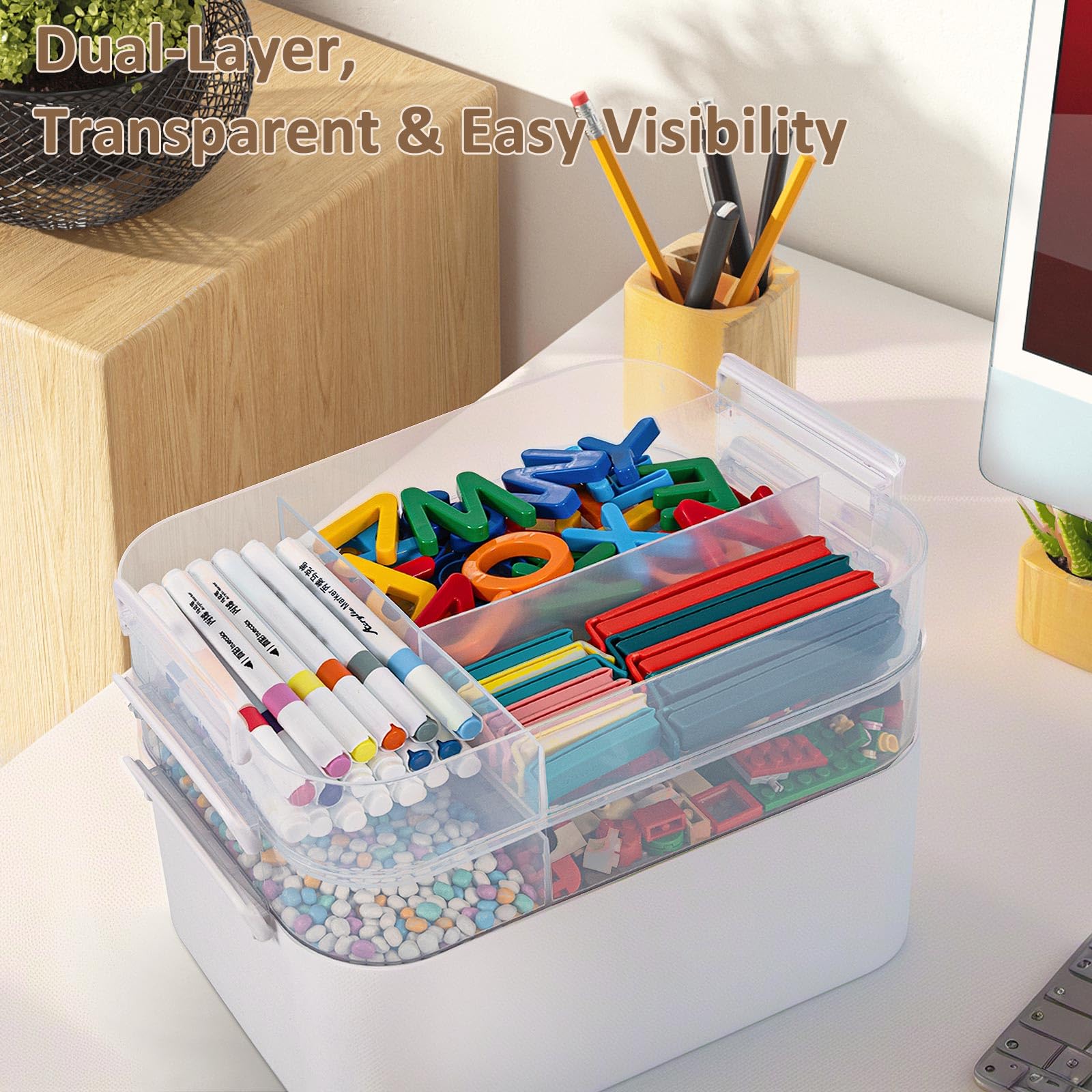 Gifhomfix 3-Layer Plastic Craft Organizers and Storage Box with Removable Trays, Storage Containers with lids and Handle