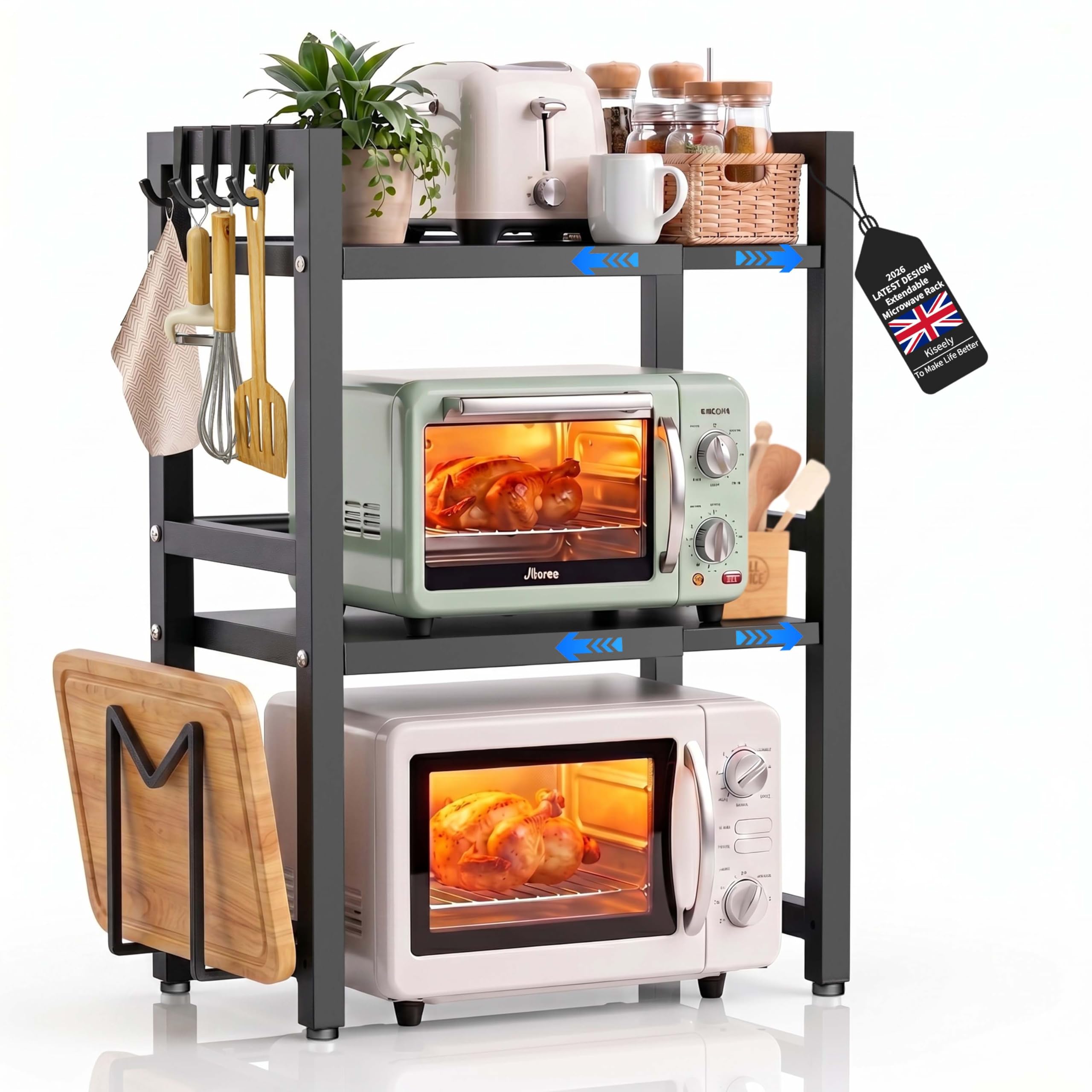 Kiseely Expandable Microwave Shelf, Shelf Stand Extendable for Kitchen Countertop, Oven Rack with 6 Hooks, Kitchen Countertop Organiser Shelves