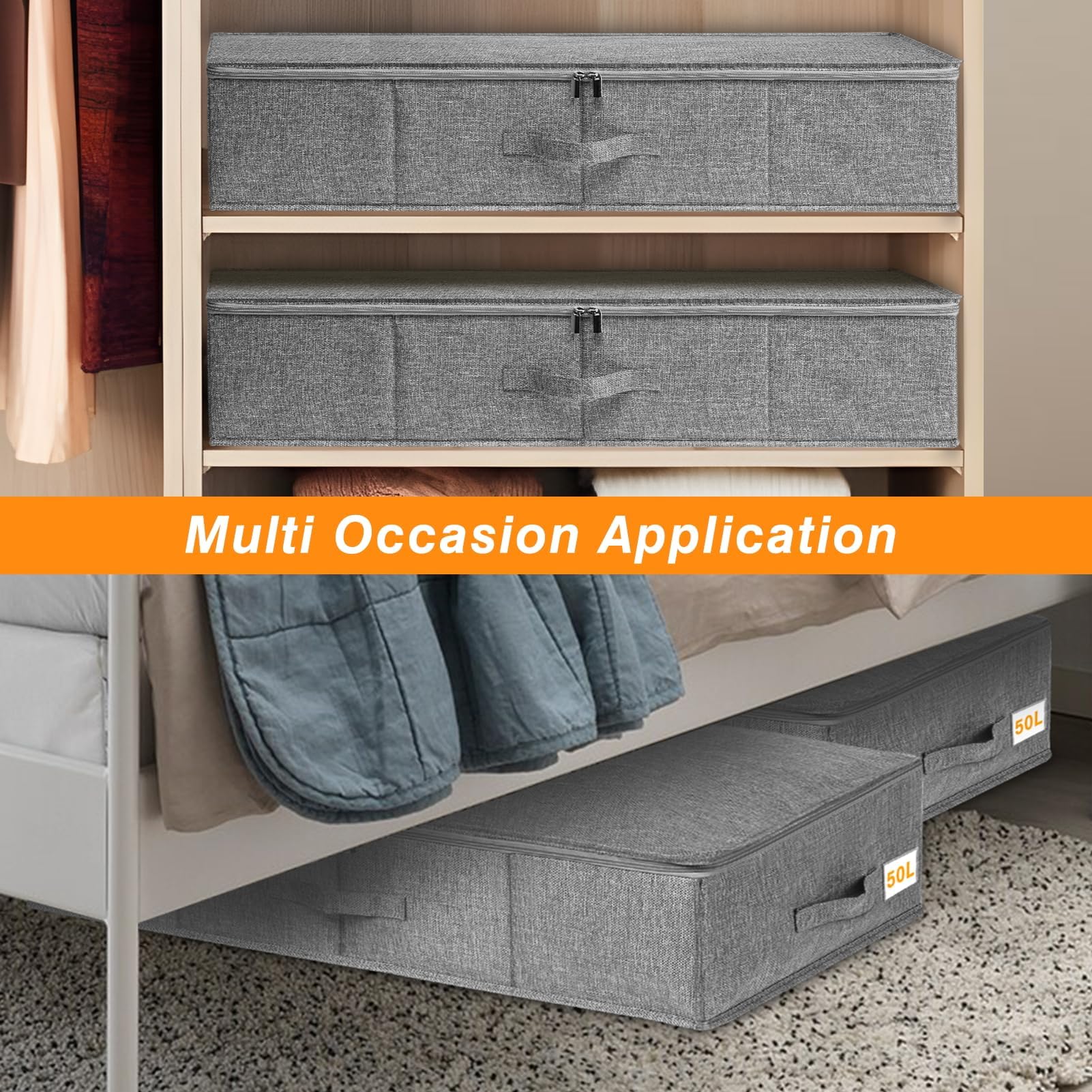 Huquter 50L 17cm Tall Underbed Storage Boxes with Zipped Lids, 2 Pack, Grey