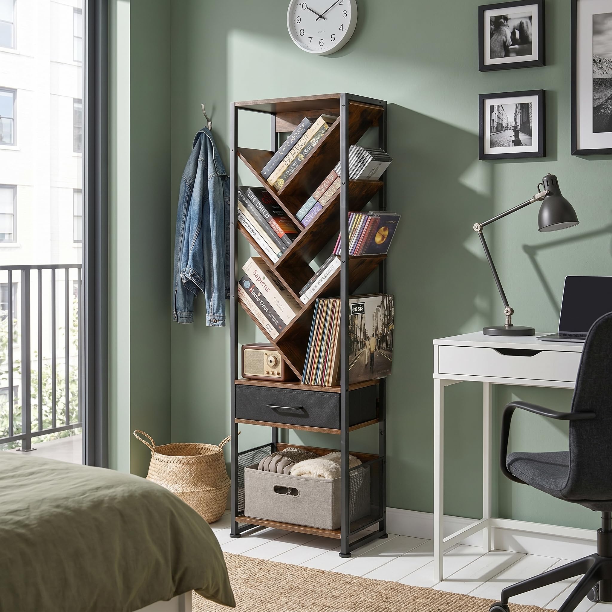 ruboka Tree Bookshelf with Side Table, Tall Bookcase with Storage Cabinet, Floor Standing Modern Narrow Bookshelves Organizer for Bedroom/Living