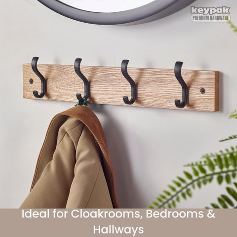 keypak Wall-Mounted Coat Rack – 4 Black Hooks on Stylish 38cm Ash Wood