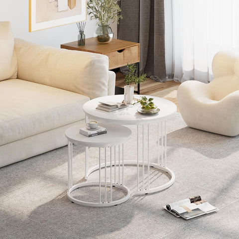 Huhote Round Coffee Tables, Set of 2 End Table, Nesting Tables, Side Table with Metal Frame for Living Room/Bedroom/Balcony/Office/Apartment