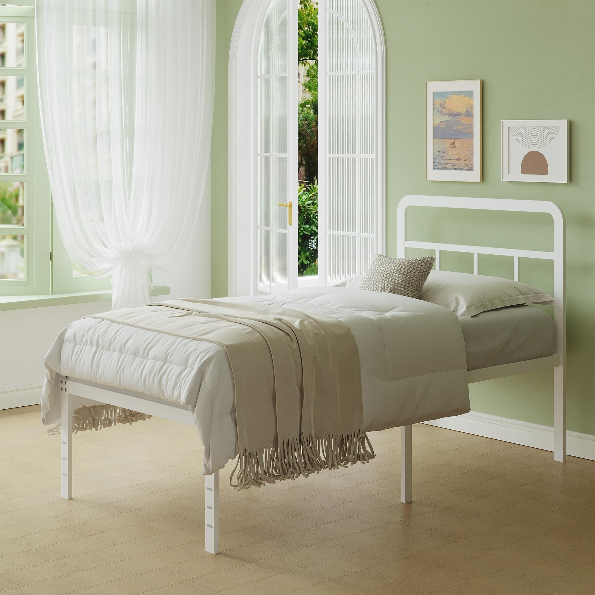 Lutown-Teen Metal Small Single Bed Frame with Headboard, 46 cm High, White