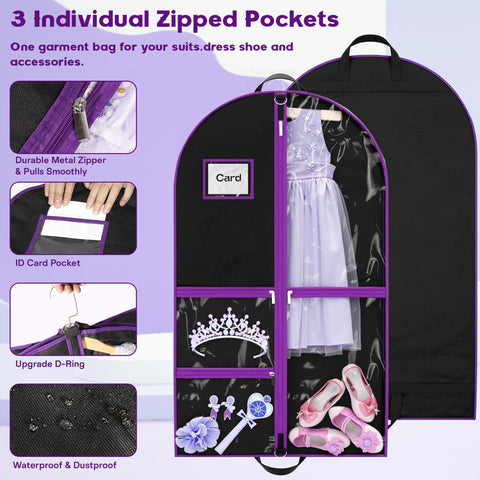 Costume Garment Bags for Dancers, Garment Bags with 3 Clear Zipper Pockets, Clothes Covers Protector Bags for Suits, Travel & Sports Jersey