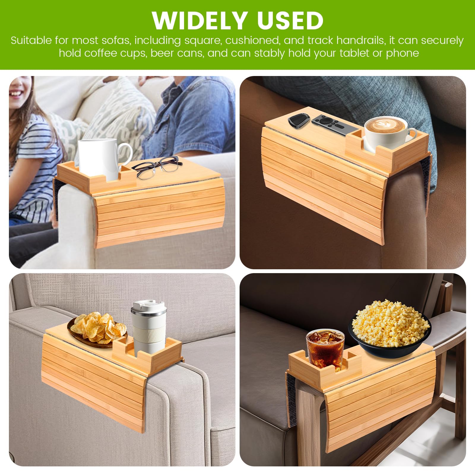 Wooden Sofa Arm Tray Anti Slip Couch Cup Holder Tray Table Portable Sofa Snack Holder Armrest Organizer for Snacks Phone TV Remote Cups