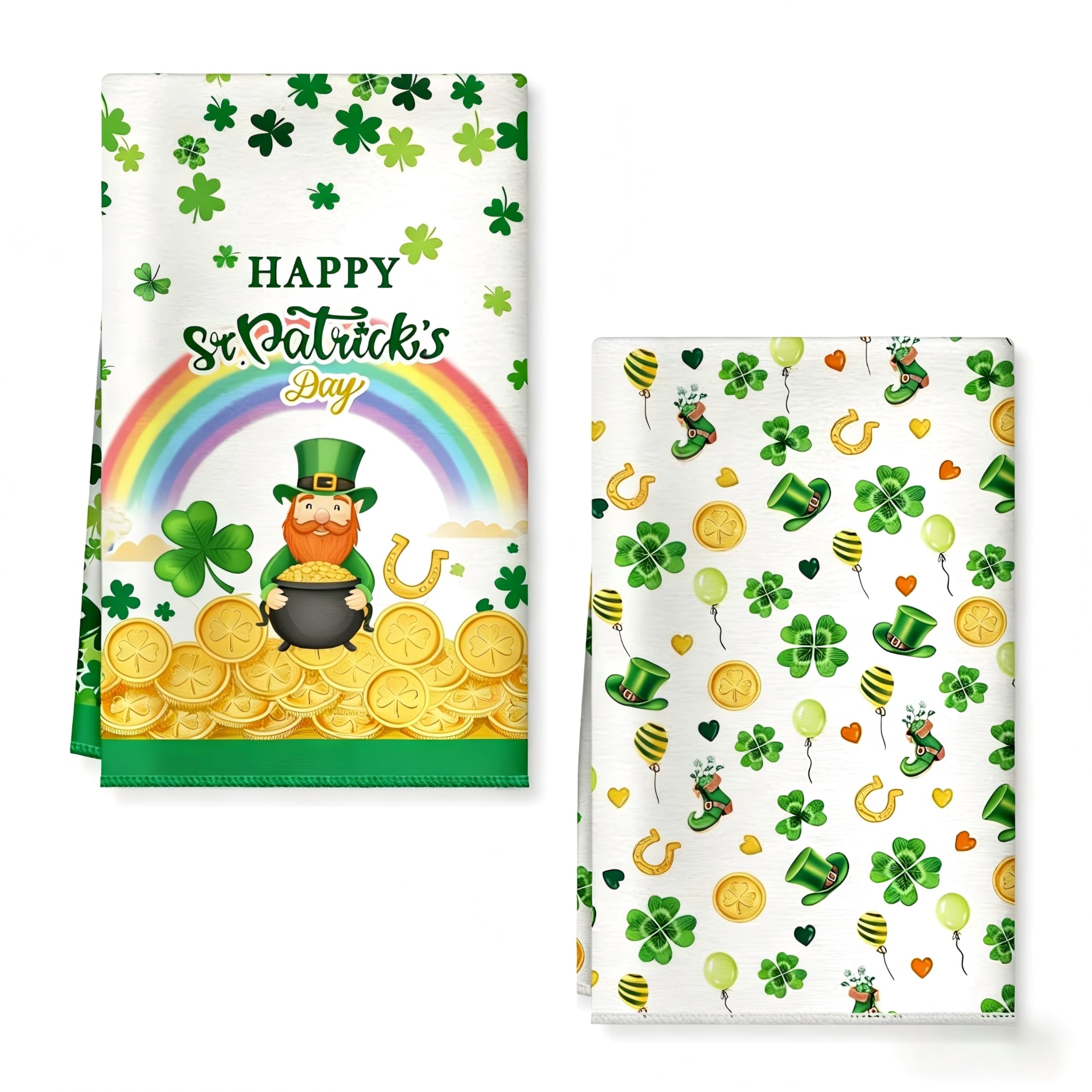 Kaiperala 2pcs St Patricks Day Tea Towels for Kitchen, Irish Green Kitchen Towels Shamrock Four Leaf Clover Print Hand Towel Absorbent Microfiber