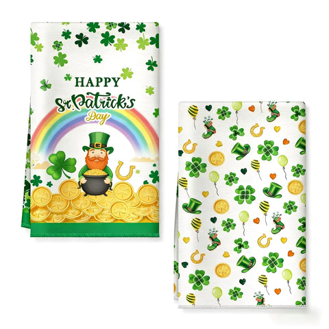 Kaiperala 2pcs St Patricks Day Tea Towels for Kitchen, Irish Green Kitchen Towels Shamrock Four Leaf Clover Print Hand Towel Absorbent Microfiber