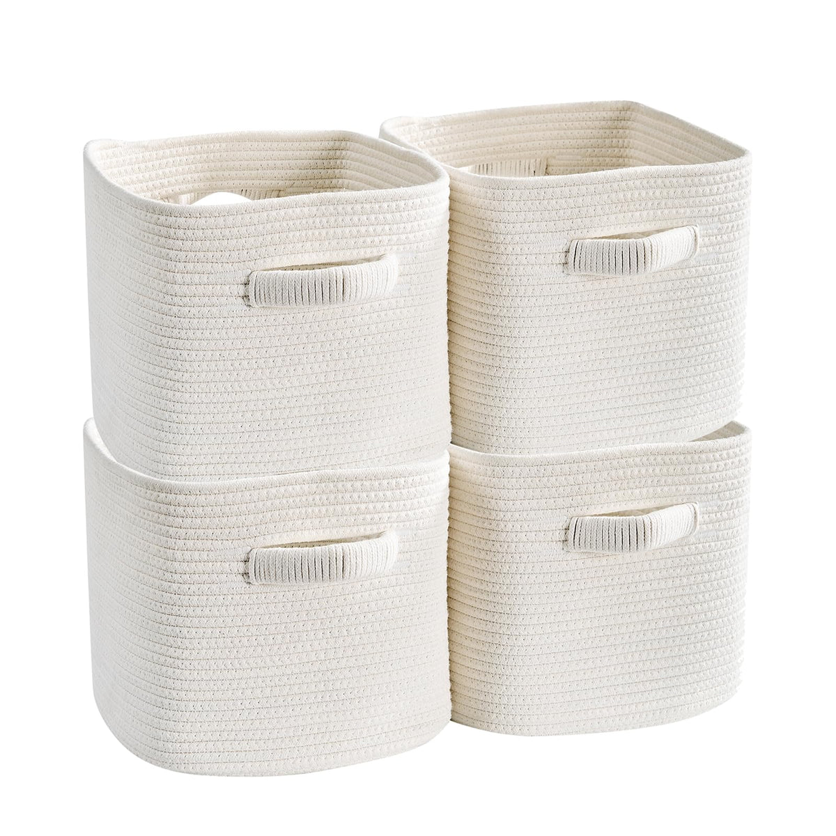 Mangata Set of 4 White Cotton Rope Cube Storage Baskets with Handles, 25x25x22cm, Woven Organisers for Shelves, Bathroom, Bedroom
