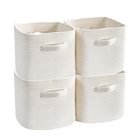 Mangata Set of 4 White Cotton Rope Cube Storage Baskets with Handles, 30x30x27cm, Woven Organisers for Shelves, Bathroom, Bedroom