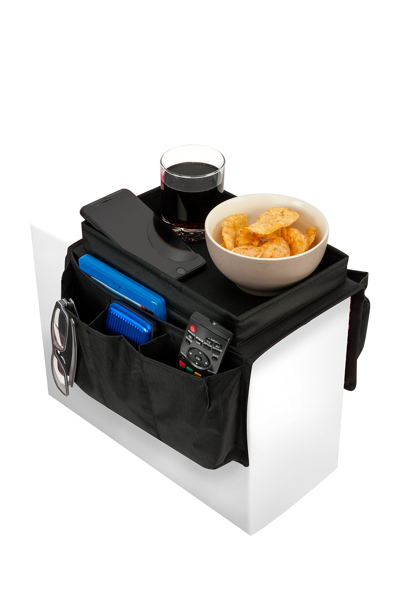 iN HOME Armrest Organiser with Table top for Snacks and Drinks - Sofa Arm Tray with Remote Control Holder - 6 Pocket Easy Access Storage for Books