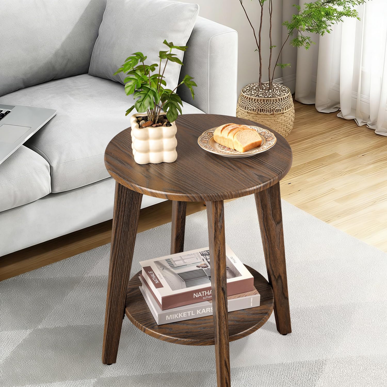 FEUFOAM Small Round Side Table Wooden End Table with Lower Shelf Modern Nightstand Bedside Tables for Small Spaces, Living Room, Bedroom Rustic Brown