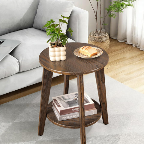 FEUFOAM Small Round Side Table Wooden End Table with Lower Shelf Modern Nightstand Bedside Tables for Small Spaces, Living Room, Bedroom Rustic Brown
