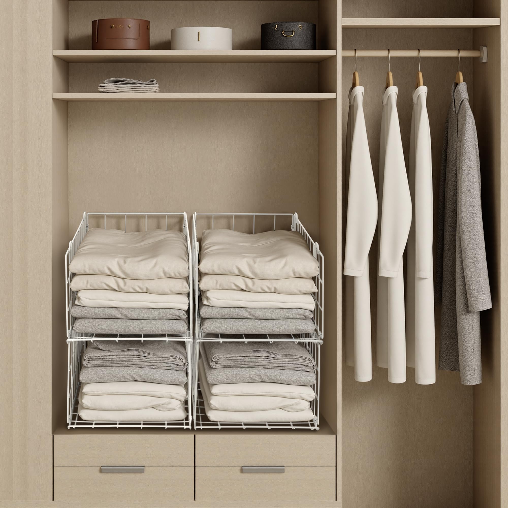 QIWODE Stackable Wardrobe Storage Organiser, Set of 4 Metal Wire Clothes Storage Baskets, Closet Organiser & Shelf Baskets for Bedroom, Pantry