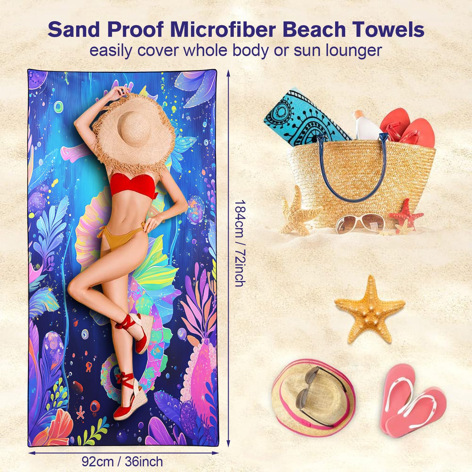 YISUMEI Purple Seahorse Beach Towels for Adults Extra Large 180 x 90 cm, Microfibre Lightweight Quick Dry Towel for Swimming Pool Cruise Travel