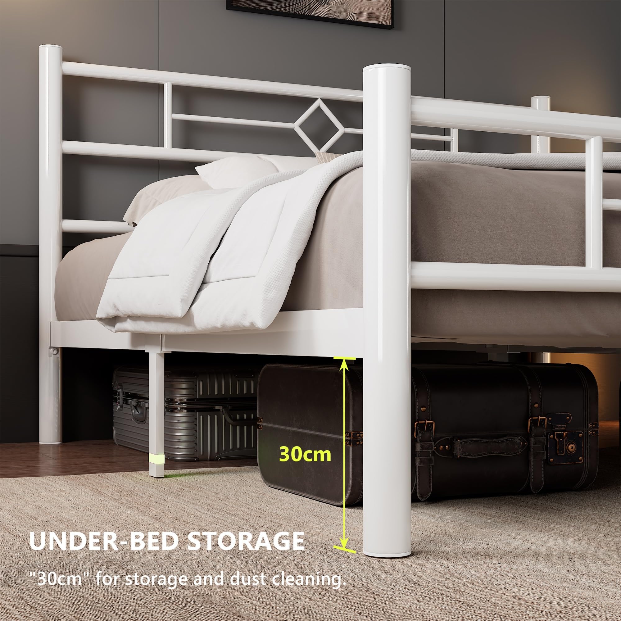 Feonase King Size Bed Frame with Headboard and Footboard, Metal Platform Kingsize Bed Frame with Underbed Storage, Solid Metal Slats Support