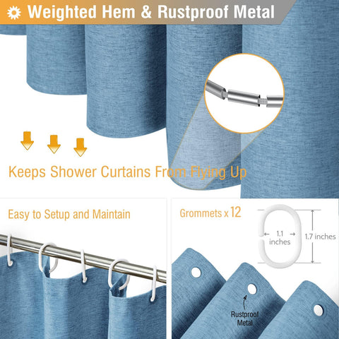 BTTN Extra Long Linen Look Shower Curtain, 182x244cm, Moonlight Blue