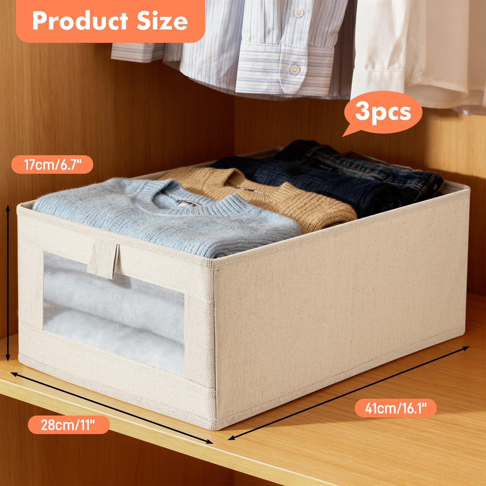 Hejo 3 Pcs Fabric Storage Boxes with Transparent Window, 40×27×17cm
